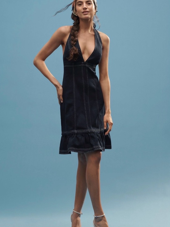 Pilcro Dresses & Skirts - ANTHROPOLOGIE Pilcro Deep V Seamed Mini Ruffle-Hem Backless Dress